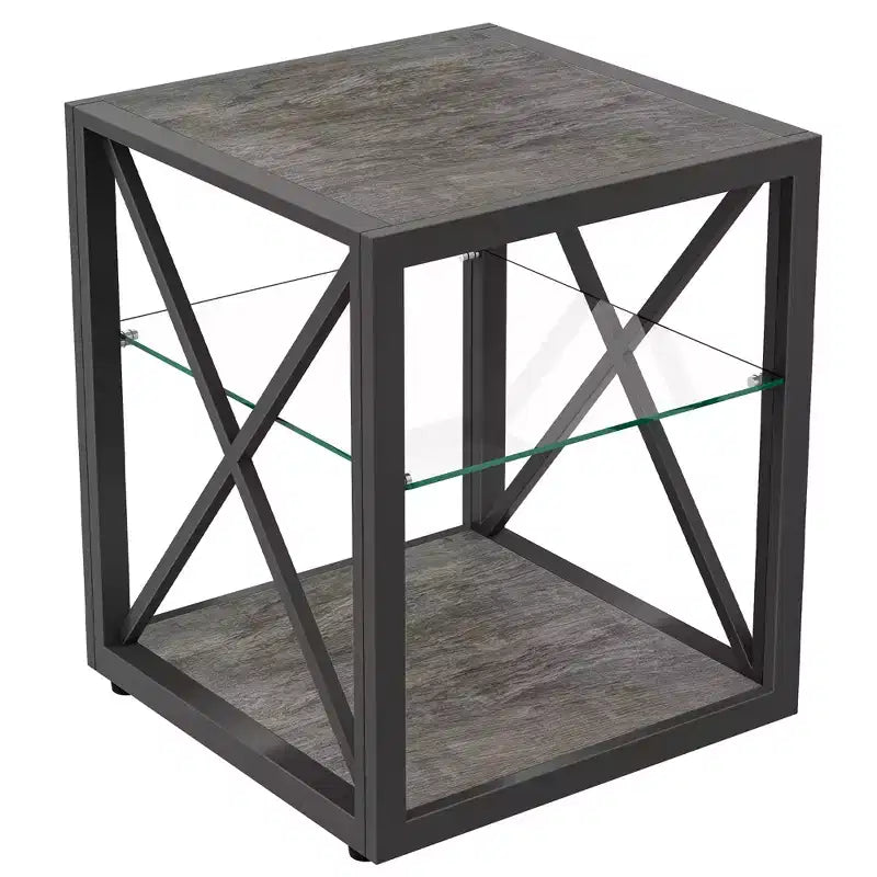 Lot de 2 tables d'appoint modernes avec tiroir - Tables de chevet en MDF grain de bois rustique et plateau en verre trempé pour chambre et salon