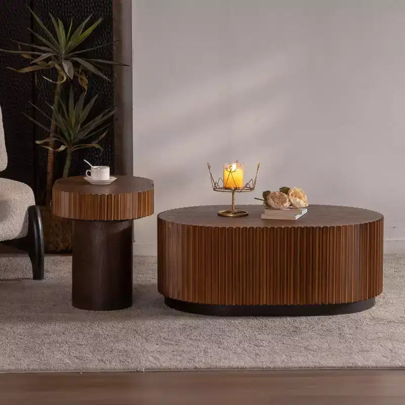 CLIHOME Lot de 2 tables basses gigognes rondes faites à la main, bords ondulés chics, table basse centrale cannelée en bois, moderne et élégante