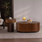CLIHOME Lot de 2 tables basses gigognes rondes faites à la main, bords ondulés chics, table basse centrale cannelée en bois, moderne et élégante