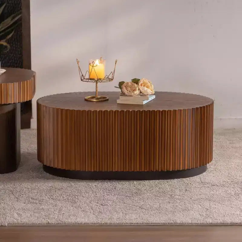 CLIHOME Lot de 2 tables basses gigognes rondes faites à la main, bords ondulés chics, table basse centrale cannelée en bois, moderne et élégante