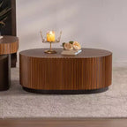 CLIHOME Lot de 2 tables basses gigognes rondes faites à la main, bords ondulés chics, table basse centrale cannelée en bois, moderne et élégante