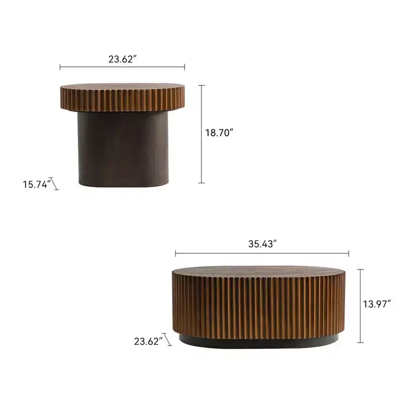 CLIHOME Lot de 2 tables basses gigognes rondes faites à la main, bords ondulés chics, table basse centrale cannelée en bois, moderne et élégante
