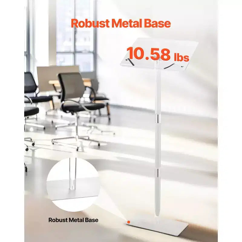 Pupitre VEVOR, lutrin en acrylique de 109 cm, support portable pour ordinateur portable avec large surface de lecture, serre-livres, angle réglable, transparent