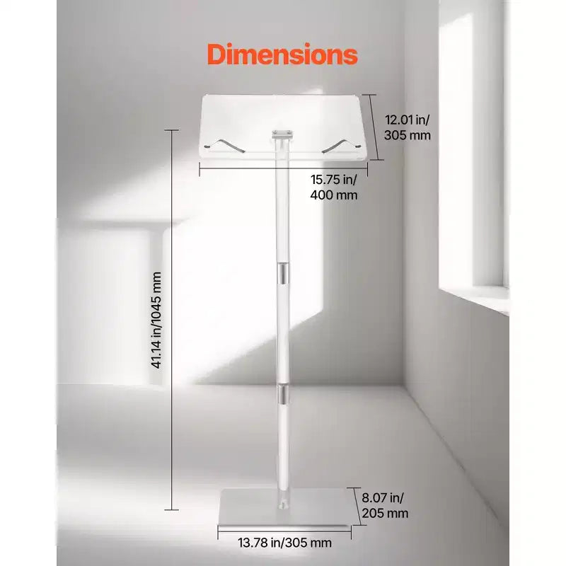 Pupitre VEVOR, lutrin en acrylique de 109 cm, support portable pour ordinateur portable avec large surface de lecture, serre-livres, angle réglable, transparent