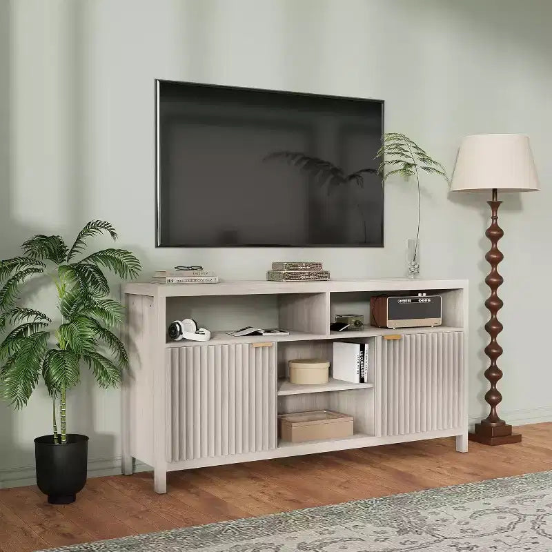 Meuble TV de ferme COZONY 59 pouces avec porte cannelée et étagères réglables, centre de divertissement pour téléviseurs 65 pouces
