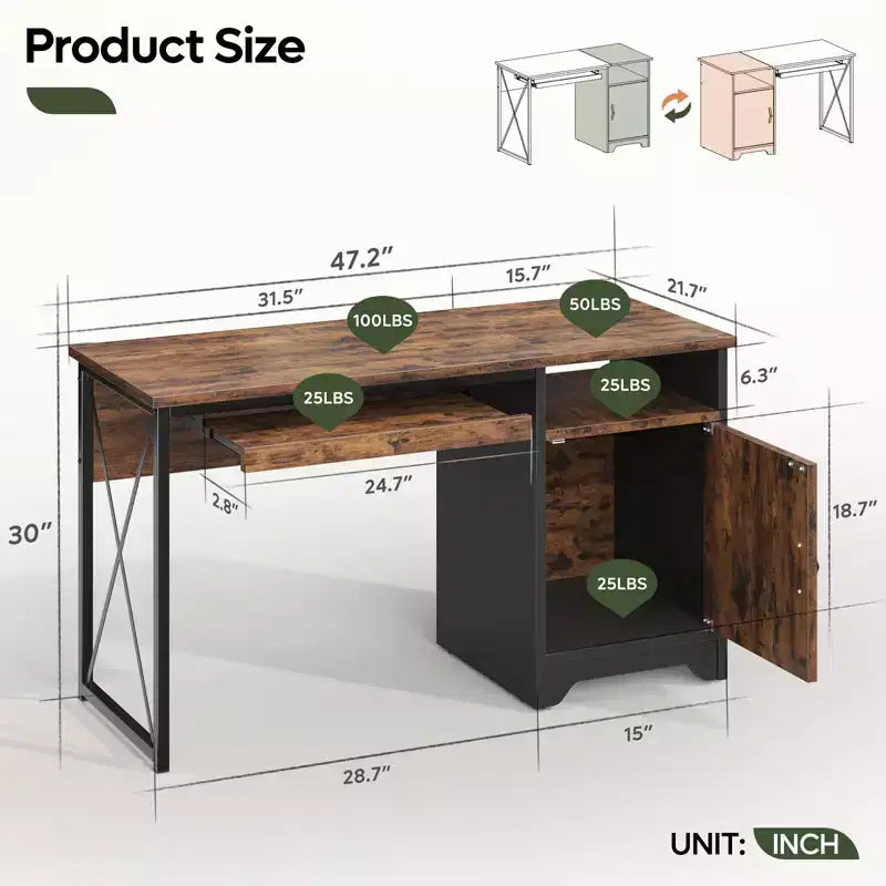 Bestier Bureau informatique 122 cm avec rangement, petit bureau de direction avec armoire, étagère ouverte et plateau de clavier pour la maison et le bureau
