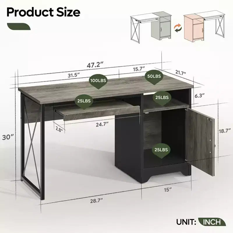 Bestier Bureau informatique 122 cm avec rangement, petit bureau de direction avec armoire, étagère ouverte et plateau de clavier pour la maison et le bureau