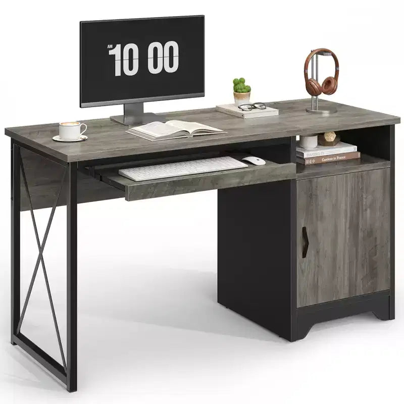 Bestier Bureau informatique 122 cm avec rangement, petit bureau de direction avec armoire, étagère ouverte et plateau de clavier pour la maison et le bureau