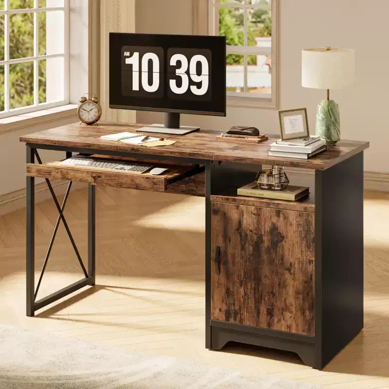Bestier Bureau informatique 122 cm avec rangement, petit bureau de direction avec armoire, étagère ouverte et plateau de clavier pour la maison et le bureau