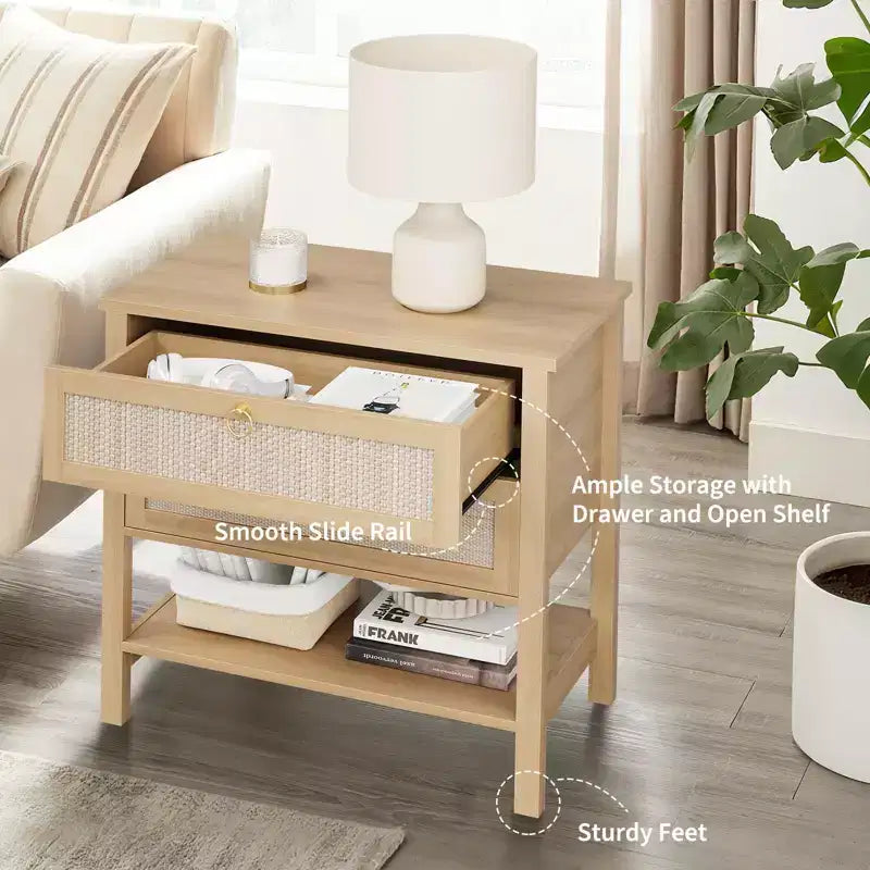 GustoWave Table de Chevet en Rotin Lot de 2, avec 2 Tiroirs en Rotin, Grande Table de Chevet avec Étagère de Rangement Ouverte, Table de Nuit de Ferme