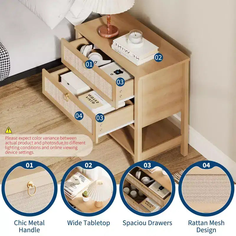 GustoWave Table de Chevet en Rotin Lot de 2, avec 2 Tiroirs en Rotin, Grande Table de Chevet avec Étagère de Rangement Ouverte, Table de Nuit de Ferme