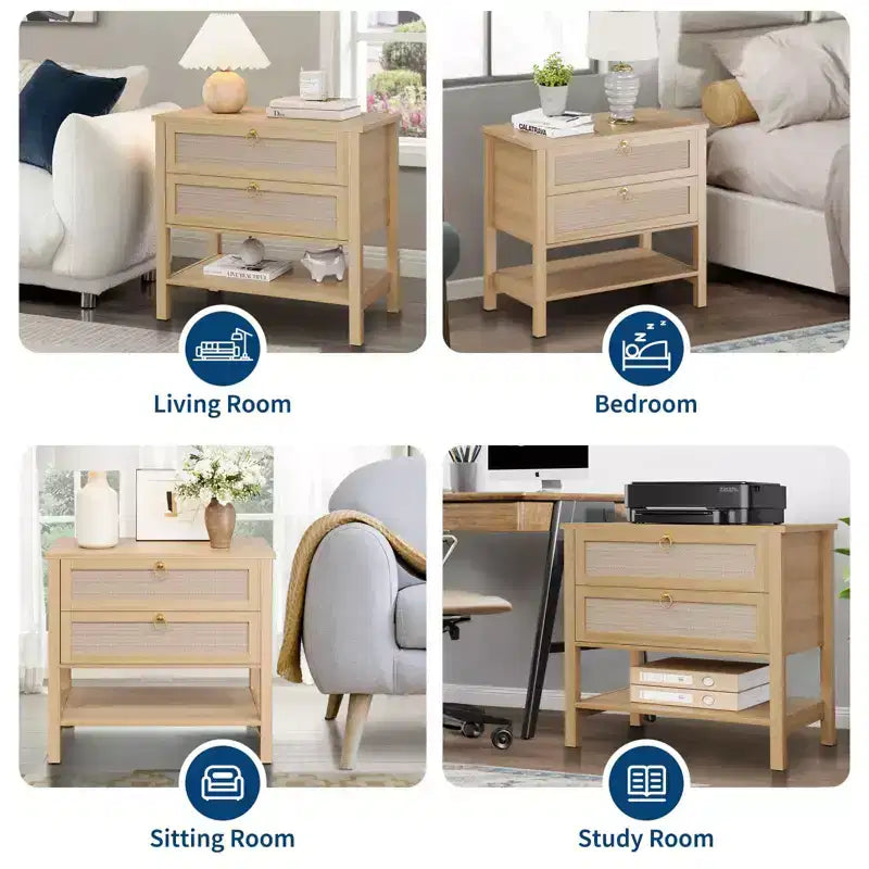 GustoWave Table de Chevet en Rotin Lot de 2, avec 2 Tiroirs en Rotin, Grande Table de Chevet avec Étagère de Rangement Ouverte, Table de Nuit de Ferme