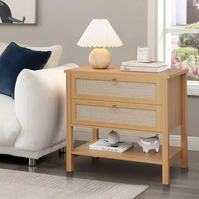 GustoWave Table de Chevet en Rotin Lot de 2, avec 2 Tiroirs en Rotin, Grande Table de Chevet avec Étagère de Rangement Ouverte, Table de Nuit de Ferme