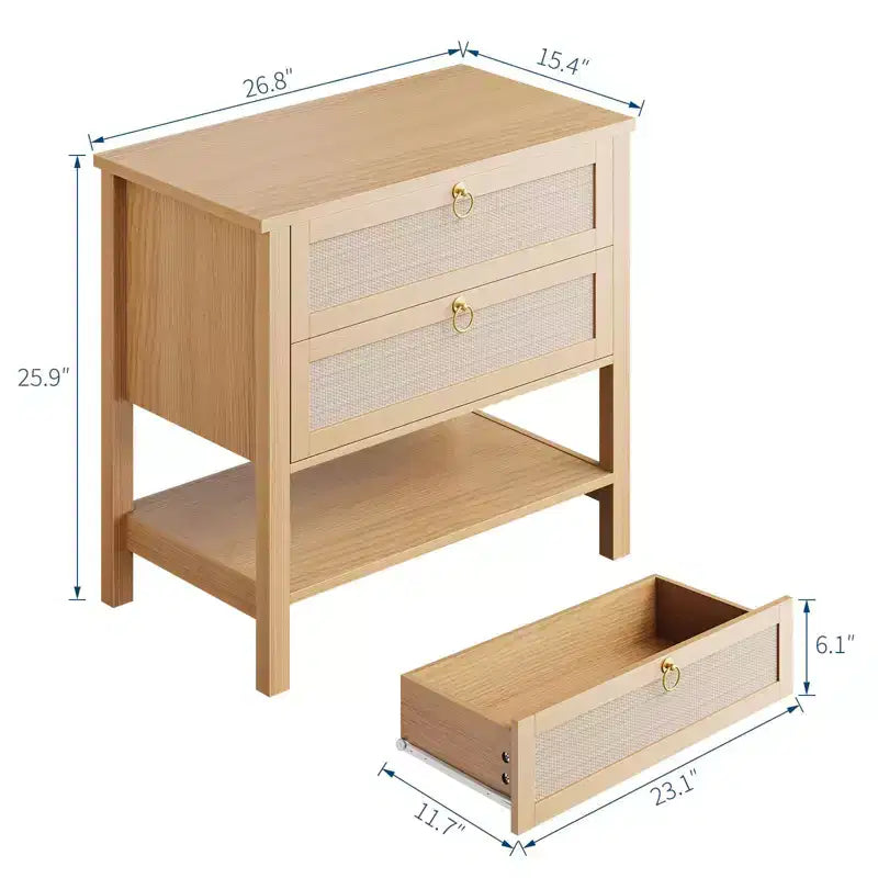 GustoWave Table de Chevet en Rotin Lot de 2, avec 2 Tiroirs en Rotin, Grande Table de Chevet avec Étagère de Rangement Ouverte, Table de Nuit de Ferme