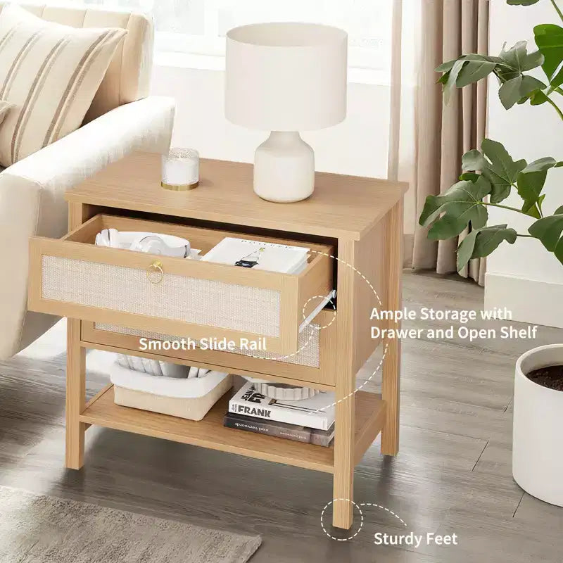 GustoWave Table de Chevet en Rotin Lot de 2, avec 2 Tiroirs en Rotin, Grande Table de Chevet avec Étagère de Rangement Ouverte, Table de Nuit de Ferme