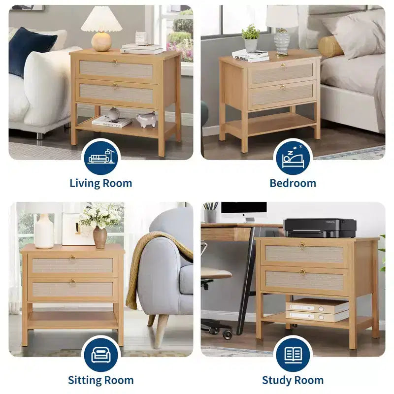 GustoWave Table de Chevet en Rotin Lot de 2, avec 2 Tiroirs en Rotin, Grande Table de Chevet avec Étagère de Rangement Ouverte, Table de Nuit de Ferme