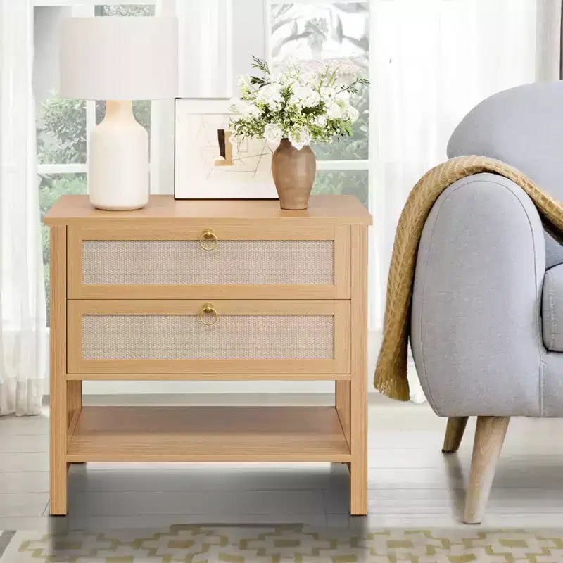 GustoWave Table de Chevet en Rotin Lot de 2, avec 2 Tiroirs en Rotin, Grande Table de Chevet avec Étagère de Rangement Ouverte, Table de Nuit de Ferme