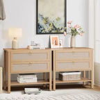 GustoWave Rattan Night Stand Set of 2,with 2 Rattan Drawers,Large Bedside Table Side Table with Open Storage Shelf, Farmhouse Nightstand