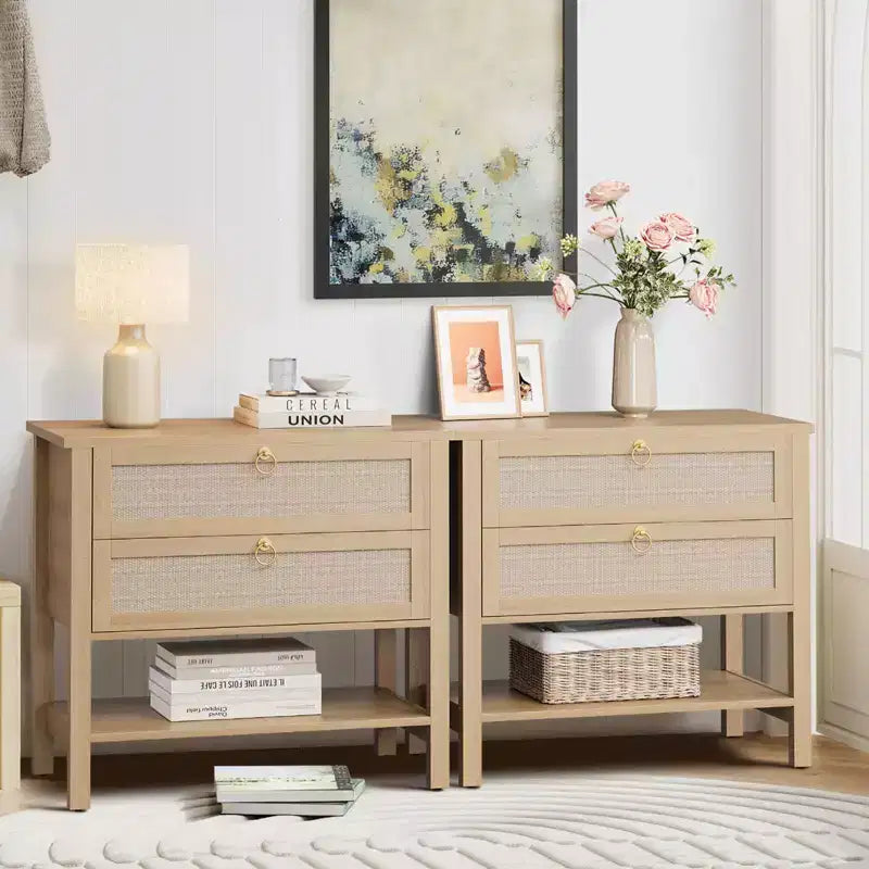 GustoWave Table de Chevet en Rotin Lot de 2, avec 2 Tiroirs en Rotin, Grande Table de Chevet avec Étagère de Rangement Ouverte, Table de Nuit de Ferme