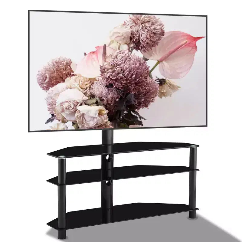 Meuble TV multifonction noir de 35,4 pouces - Support pivotant réglable en hauteur avec 3 étagères en verre trempé