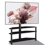 Meuble TV multifonction noir de 35,4 pouces - Support pivotant réglable en hauteur avec 3 étagères en verre trempé