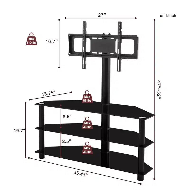 Meuble TV multifonction noir de 35,4 pouces - Support pivotant réglable en hauteur avec 3 étagères en verre trempé