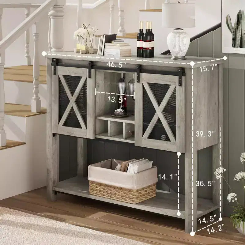 Meuble de bar à vin avec porte coulissante style grange, buffet de cuisine rustique avec porte-bouteilles et porte-verres, meuble de rangement pour liqueurs pour salle à manger, gris