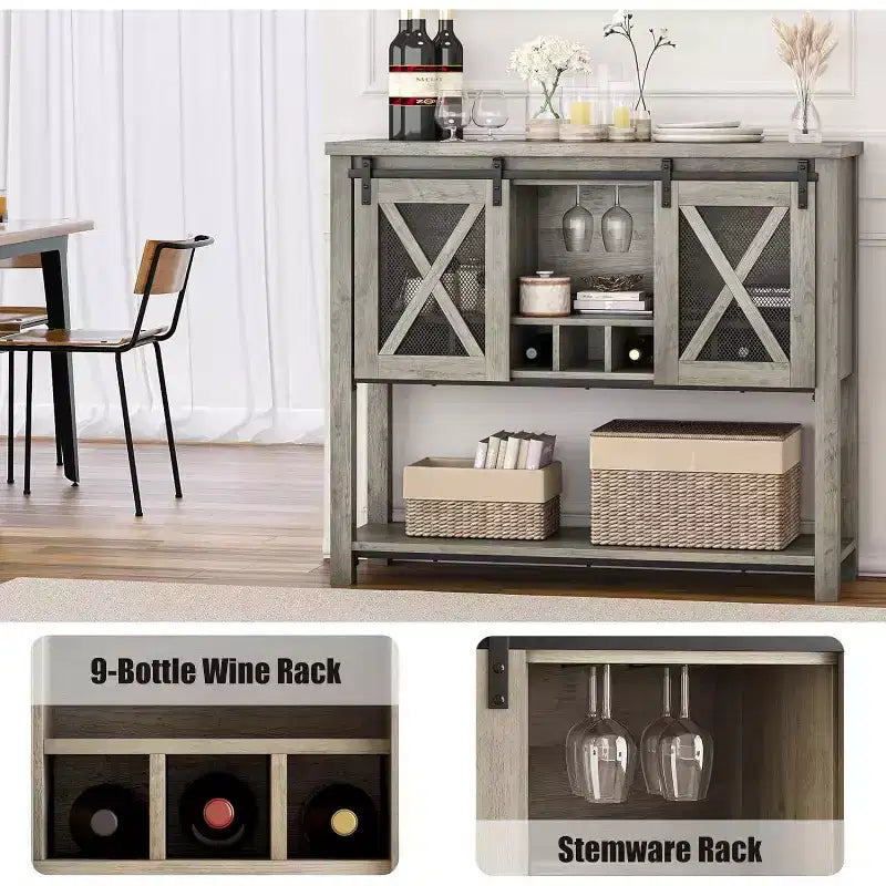 Meuble de bar à vin avec porte coulissante style grange, buffet de cuisine rustique avec porte-bouteilles et porte-verres, meuble de rangement pour liqueurs pour salle à manger, gris