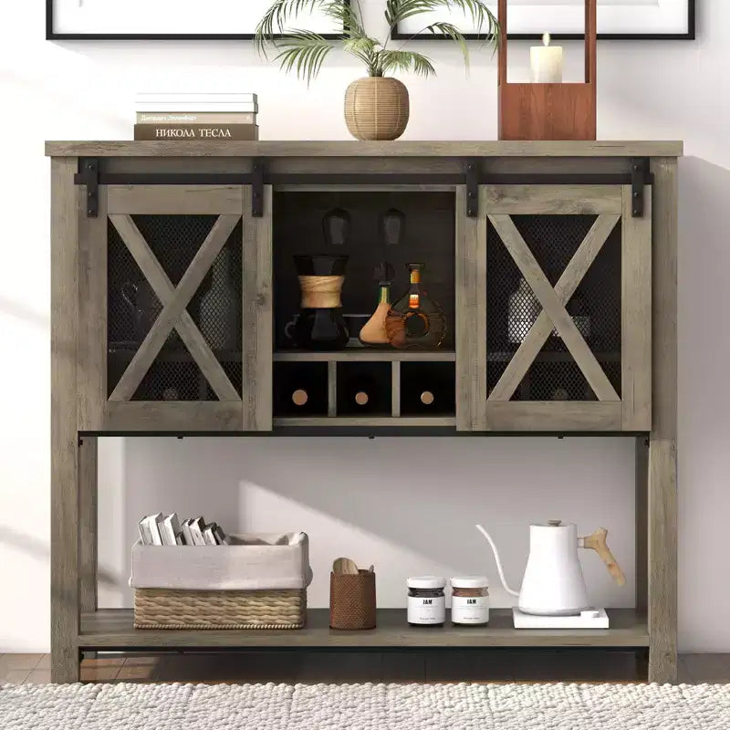 Meuble de bar à vin avec porte coulissante style grange, buffet de cuisine rustique avec porte-bouteilles et porte-verres, meuble de rangement pour liqueurs pour salle à manger, gris