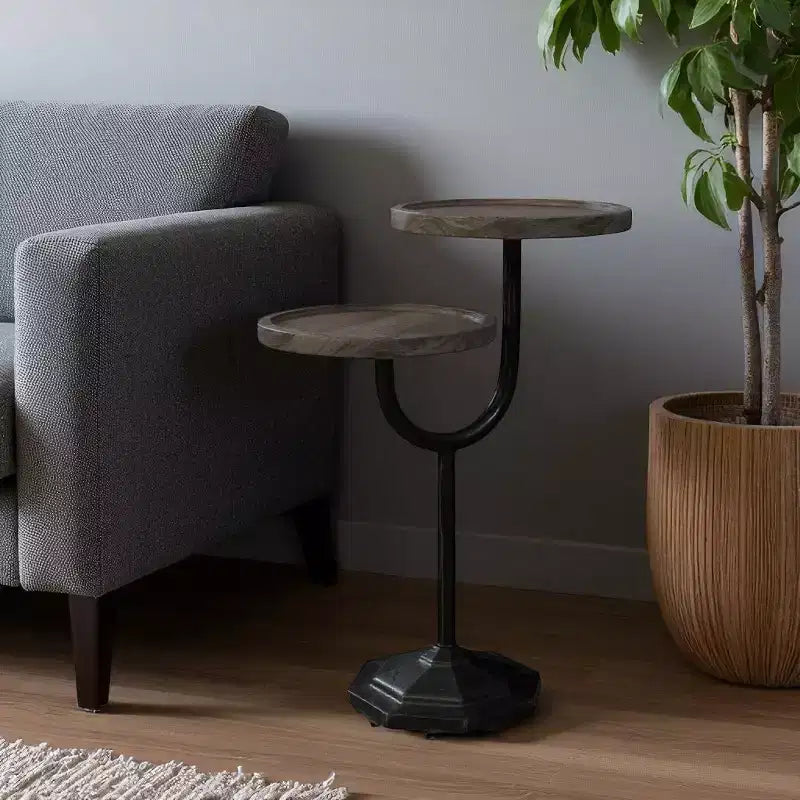 HomeRoots 19 Table d'appoint ronde à double plateau en bois massif et fer, naturelle et noire