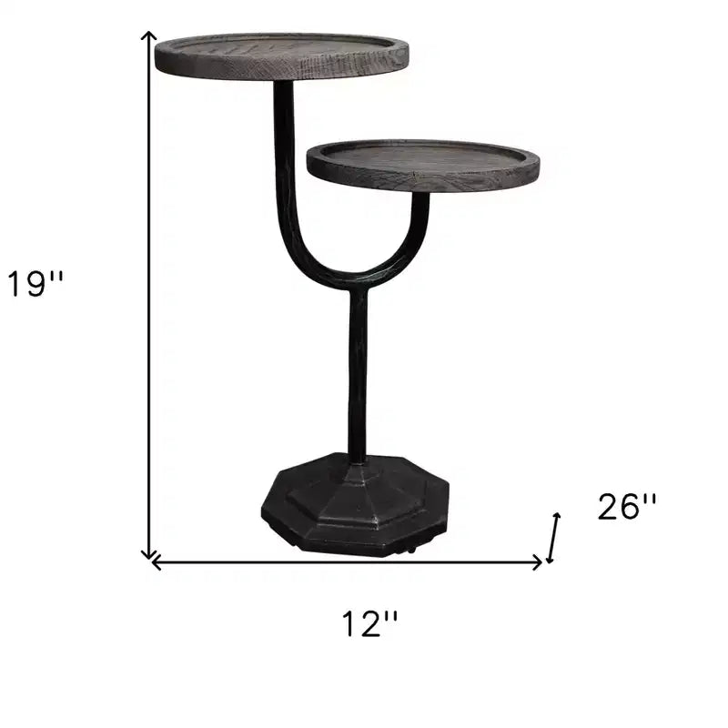 HomeRoots 19 Table d'appoint ronde à double plateau en bois massif et fer, naturelle et noire