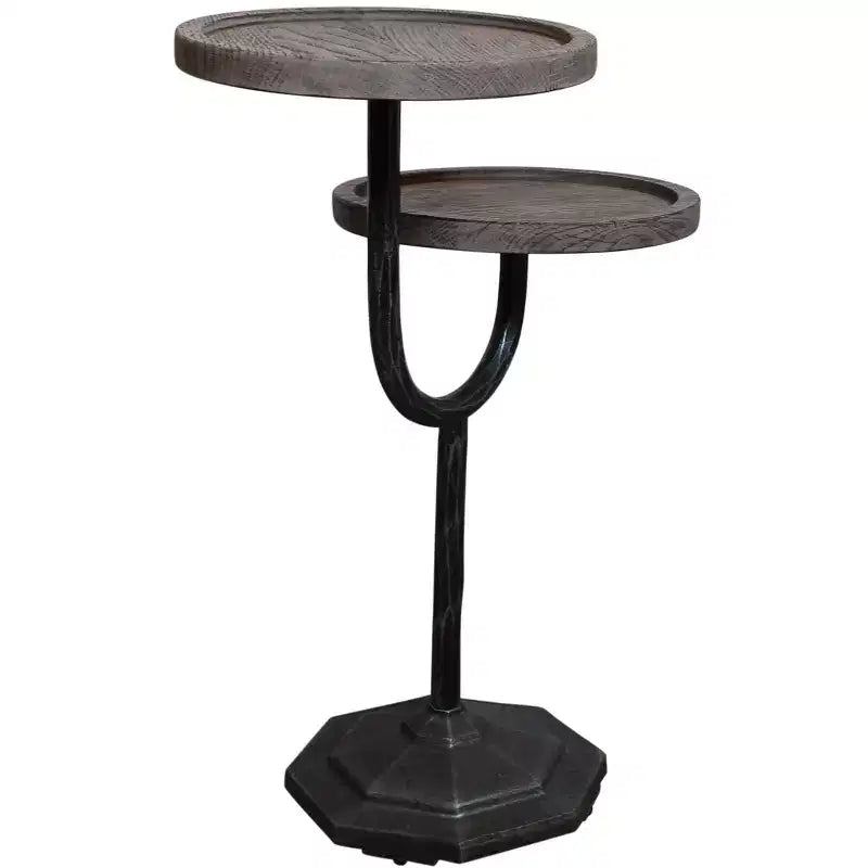 HomeRoots 19 Table d'appoint ronde à double plateau en bois massif et fer, naturelle et noire