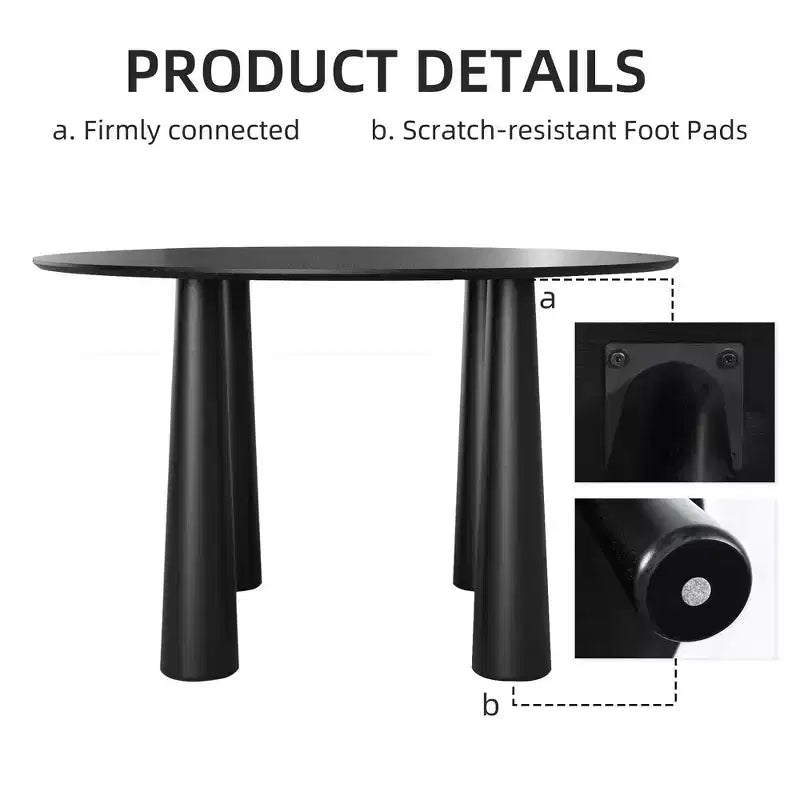 PexFix 45 Table de salle à manger ronde pour 4 personnes avec plateau à bord incurvé et 4 pieds coniques pour salon, salle à manger, bureau, café, robuste, noir