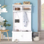 Acekool 4-in-1 Hall Tree with Storage Shoe Bench, Coat Rack with 4 Hooks, Entryway Organizer with Display Shelves & Cabinet, White