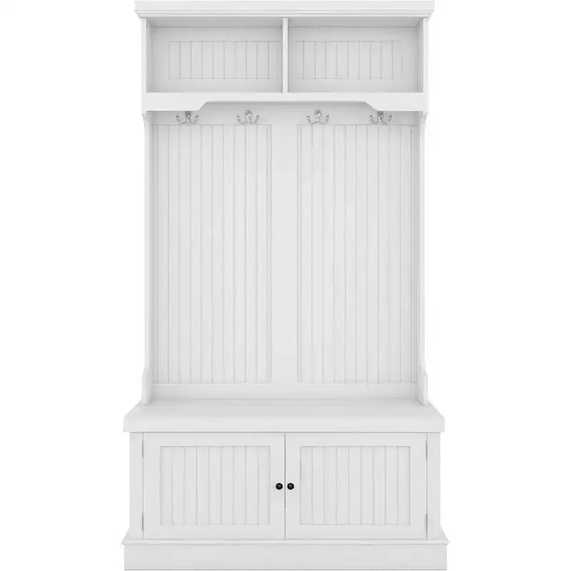 Acekool Portemanteau d'entrée 4 en 1 avec banc à chaussures de rangement, porte-manteaux avec 4 crochets, organisateur d'entrée avec étagères de présentation et armoire, blanc
