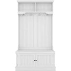 Acekool Portemanteau d'entrée 4 en 1 avec banc à chaussures de rangement, porte-manteaux avec 4 crochets, organisateur d'entrée avec étagères de présentation et armoire, blanc