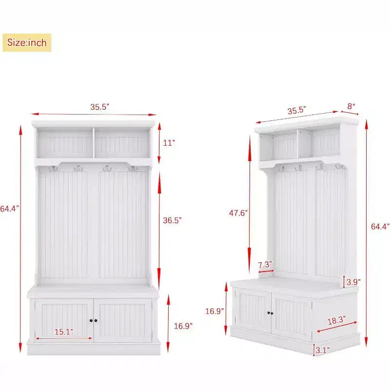 Acekool Portemanteau d'entrée 4 en 1 avec banc à chaussures de rangement, porte-manteaux avec 4 crochets, organisateur d'entrée avec étagères de présentation et armoire, blanc
