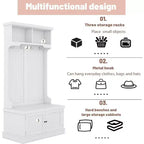 Acekool Portemanteau d'entrée 4 en 1 avec banc à chaussures de rangement, porte-manteaux avec 4 crochets, organisateur d'entrée avec étagères de présentation et armoire, blanc