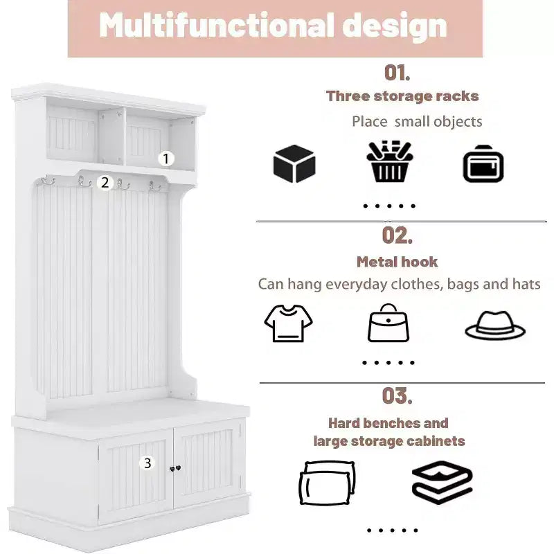 Acekool Portemanteau d'entrée 4 en 1 avec banc à chaussures de rangement, porte-manteaux avec 4 crochets, organisateur d'entrée avec étagères de présentation et armoire, blanc