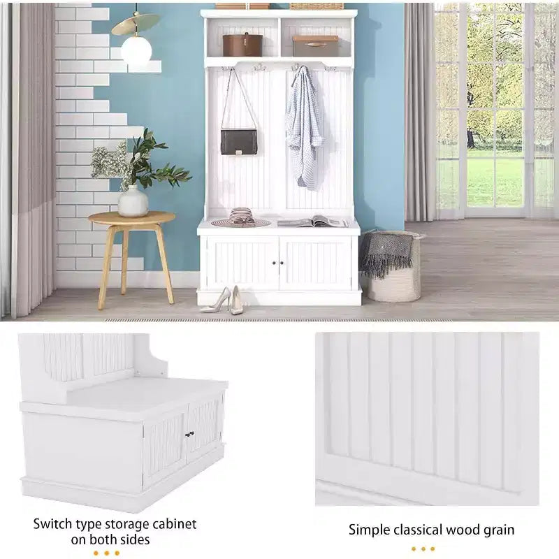 Acekool Portemanteau d'entrée 4 en 1 avec banc à chaussures de rangement, porte-manteaux avec 4 crochets, organisateur d'entrée avec étagères de présentation et armoire, blanc