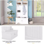 Acekool Portemanteau d'entrée 4 en 1 avec banc à chaussures de rangement, porte-manteaux avec 4 crochets, organisateur d'entrée avec étagères de présentation et armoire, blanc