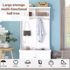 Acekool Portemanteau d'entrée 4 en 1 avec banc à chaussures de rangement, porte-manteaux avec 4 crochets, organisateur d'entrée avec étagères de présentation et armoire, blanc