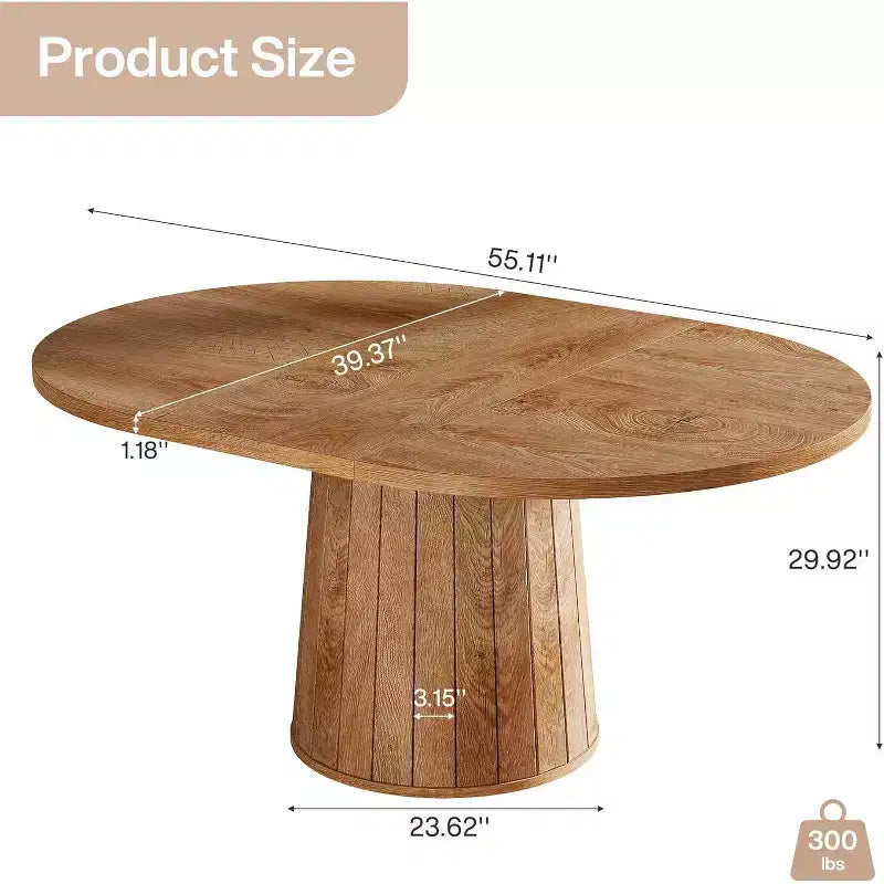 Table à manger ovale Lantine pour 6 personnes, table de cuisine de ferme de 140 cm avec piédestal cylindrique