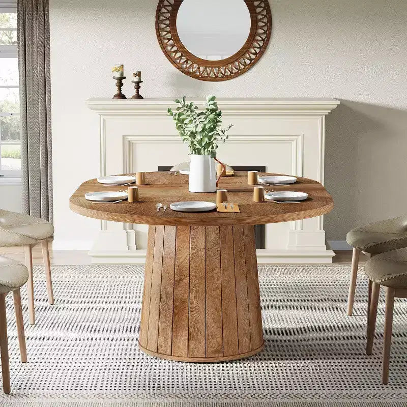 Table à manger ovale Lantine pour 6 personnes, table de cuisine de ferme de 140 cm avec piédestal cylindrique