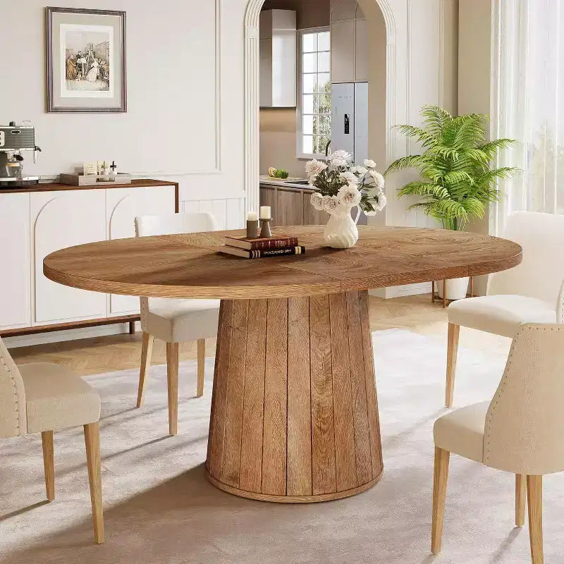 Table à manger ovale Lantine pour 6 personnes, table de cuisine de ferme de 140 cm avec piédestal cylindrique