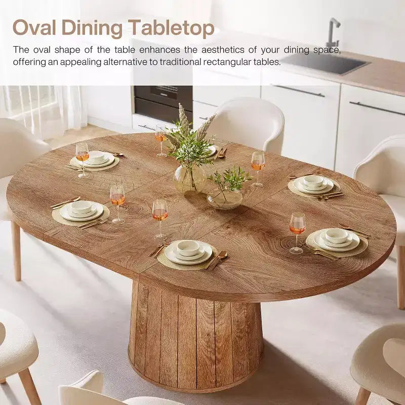 Table à manger ovale Lantine pour 6 personnes, table de cuisine de ferme de 140 cm avec piédestal cylindrique