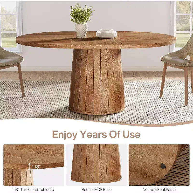Table à manger ovale Lantine pour 6 personnes, table de cuisine de ferme de 140 cm avec piédestal cylindrique