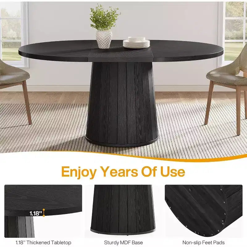 Table à manger ovale Lantine pour 6 personnes, table de cuisine de ferme de 140 cm avec piédestal cylindrique