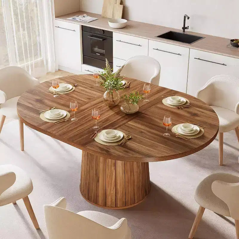 Table à manger ovale Lantine pour 6 personnes, table de cuisine de ferme de 140 cm avec piédestal cylindrique