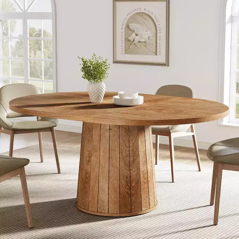 Table à manger ovale Lantine pour 6 personnes, table de cuisine de ferme de 140 cm avec piédestal cylindrique